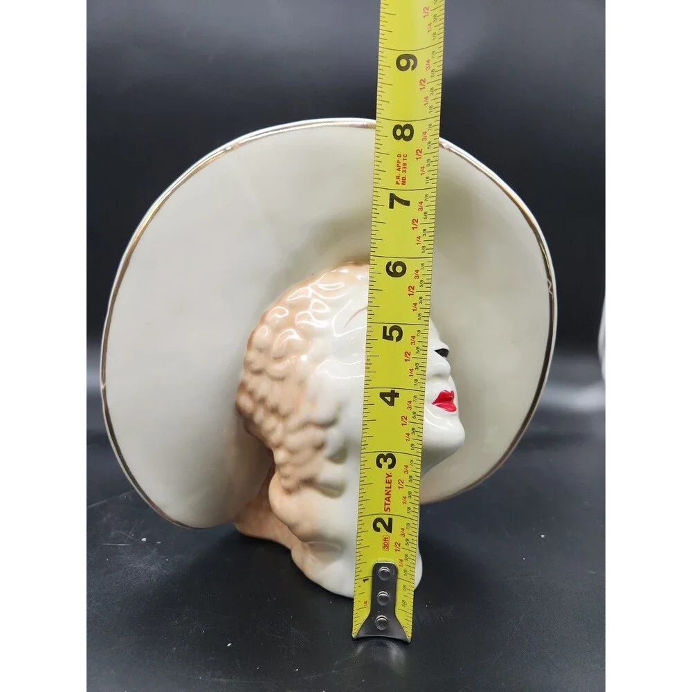 Art Deco Head Vase Blonde Lady Womans Face Large Hat Gold Gilt Red Lips 8